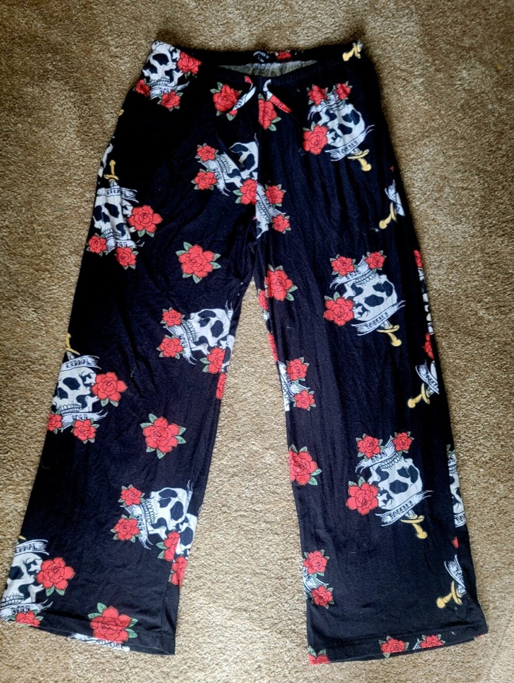 Juniors Black Skull & Red Rose Pajama Pants Or Lounge  Sz Med